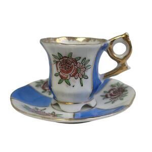 Vintage Victoria Ceramics Japan Blue Stripe Gold Rim Floral Teacup Saucer Set
